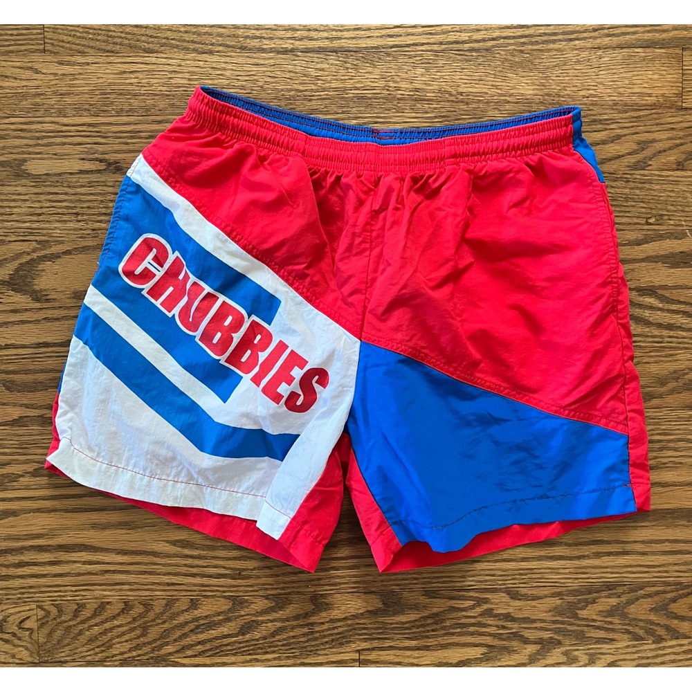 Chubbies Mens Swim Trunks Red White Blue Colorblock Logo Shorts Size L